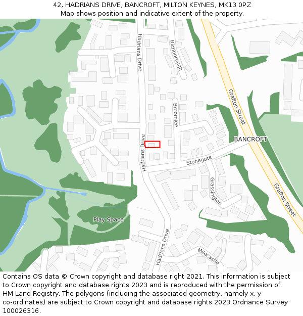 42, HADRIANS DRIVE, BANCROFT, MILTON KEYNES, MK13 0PZ: Location map and indicative extent of plot