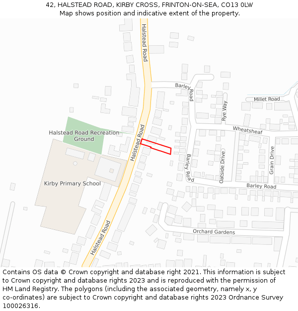 42, HALSTEAD ROAD, KIRBY CROSS, FRINTON-ON-SEA, CO13 0LW: Location map and indicative extent of plot