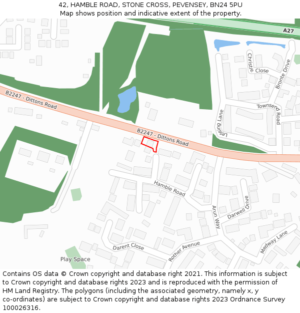 42, HAMBLE ROAD, STONE CROSS, PEVENSEY, BN24 5PU: Location map and indicative extent of plot