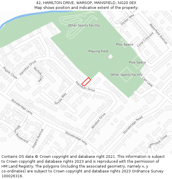 42, HAMILTON DRIVE, WARSOP, MANSFIELD, NG20 0EX: Location map and indicative extent of plot