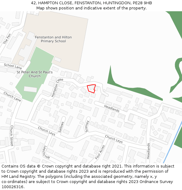 42, HAMPTON CLOSE, FENSTANTON, HUNTINGDON, PE28 9HB: Location map and indicative extent of plot