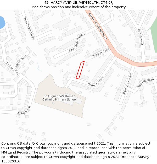 42, HARDY AVENUE, WEYMOUTH, DT4 0RJ: Location map and indicative extent of plot