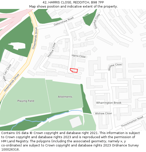 42, HARRIS CLOSE, REDDITCH, B98 7PP: Location map and indicative extent of plot