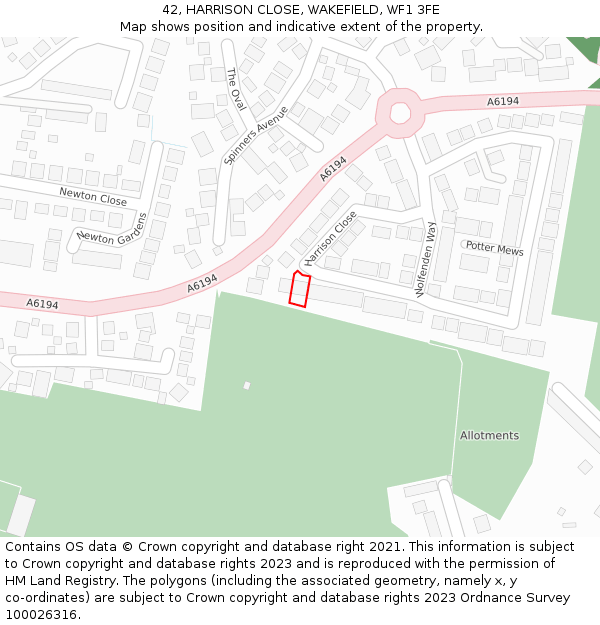 42, HARRISON CLOSE, WAKEFIELD, WF1 3FE: Location map and indicative extent of plot