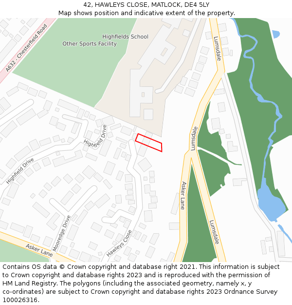 42, HAWLEYS CLOSE, MATLOCK, DE4 5LY: Location map and indicative extent of plot