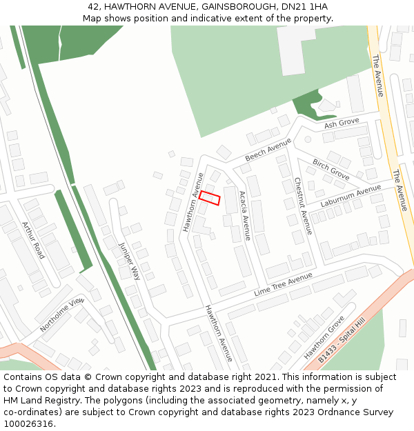 42, HAWTHORN AVENUE, GAINSBOROUGH, DN21 1HA: Location map and indicative extent of plot