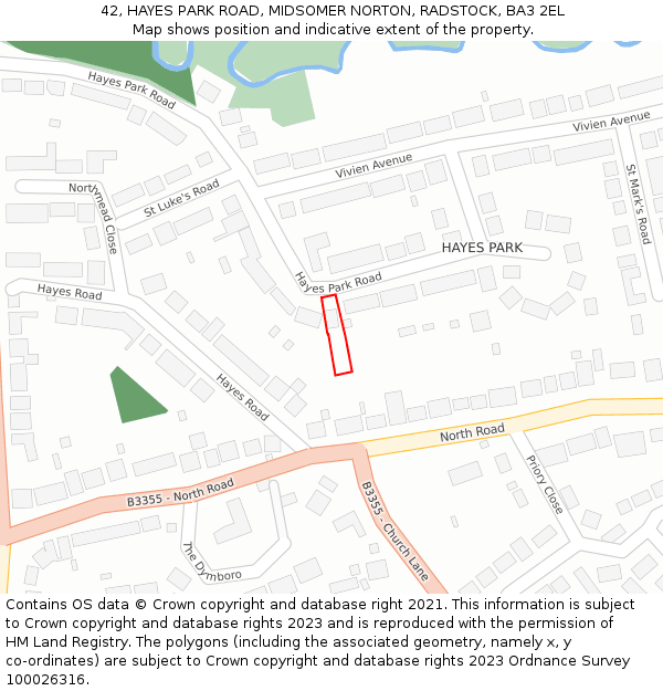 42, HAYES PARK ROAD, MIDSOMER NORTON, RADSTOCK, BA3 2EL: Location map and indicative extent of plot