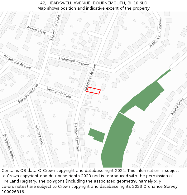 42, HEADSWELL AVENUE, BOURNEMOUTH, BH10 6LD: Location map and indicative extent of plot