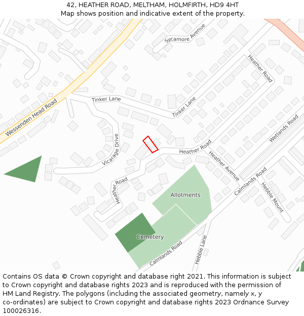 42, HEATHER ROAD, MELTHAM, HOLMFIRTH, HD9 4HT: Location map and indicative extent of plot