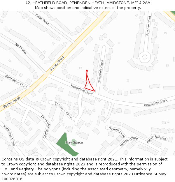 42, HEATHFIELD ROAD, PENENDEN HEATH, MAIDSTONE, ME14 2AA: Location map and indicative extent of plot