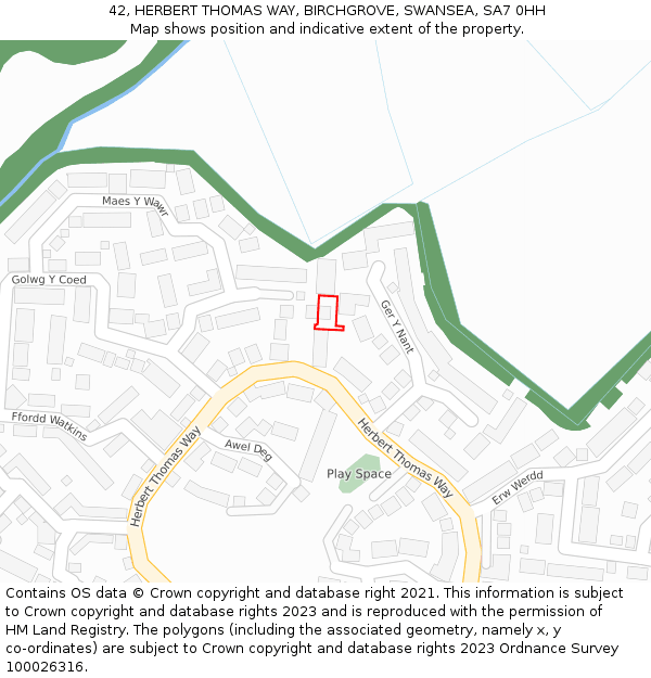 42, HERBERT THOMAS WAY, BIRCHGROVE, SWANSEA, SA7 0HH: Location map and indicative extent of plot