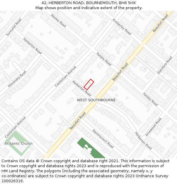 42, HERBERTON ROAD, BOURNEMOUTH, BH6 5HX: Location map and indicative extent of plot