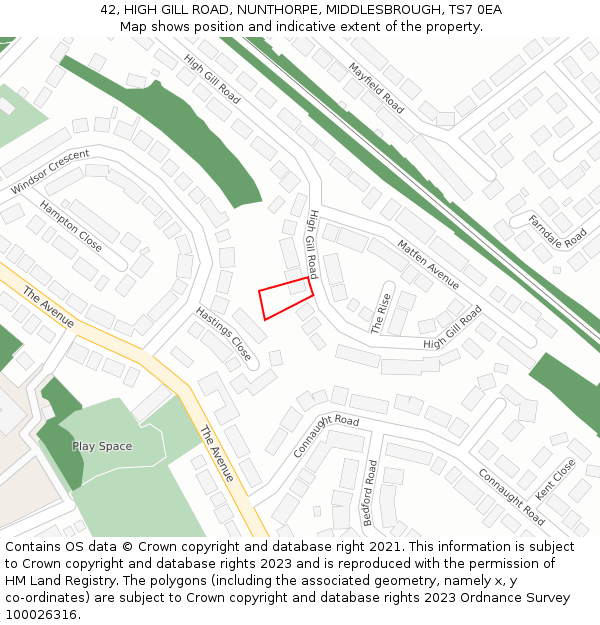 42, HIGH GILL ROAD, NUNTHORPE, MIDDLESBROUGH, TS7 0EA: Location map and indicative extent of plot