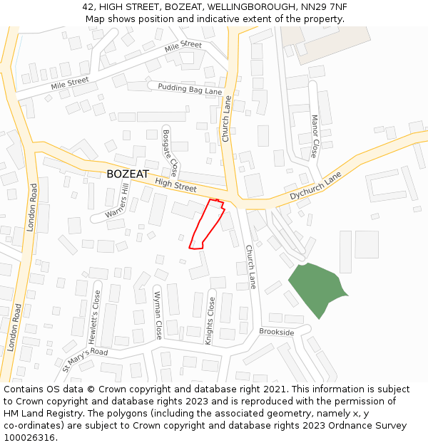 42, HIGH STREET, BOZEAT, WELLINGBOROUGH, NN29 7NF: Location map and indicative extent of plot