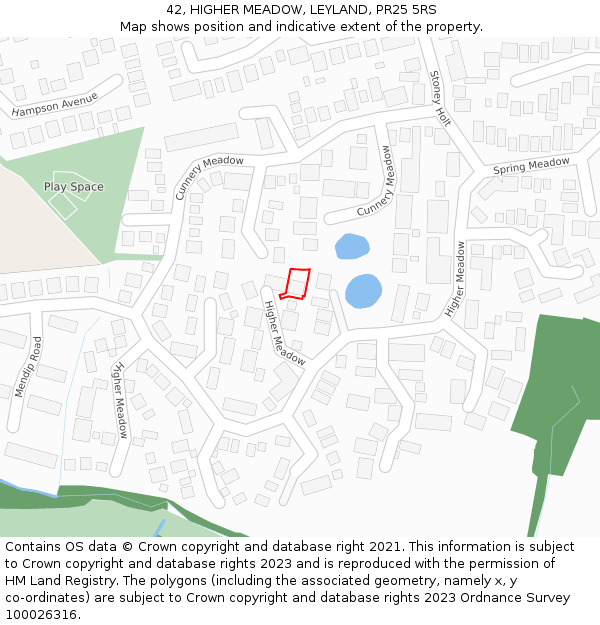 42, HIGHER MEADOW, LEYLAND, PR25 5RS: Location map and indicative extent of plot