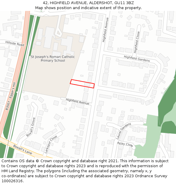 42, HIGHFIELD AVENUE, ALDERSHOT, GU11 3BZ: Location map and indicative extent of plot