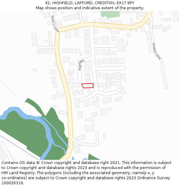 42, HIGHFIELD, LAPFORD, CREDITON, EX17 6PY: Location map and indicative extent of plot