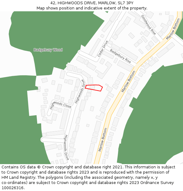 42, HIGHWOODS DRIVE, MARLOW, SL7 3PY: Location map and indicative extent of plot