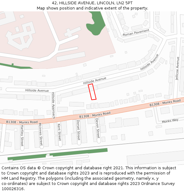 42, HILLSIDE AVENUE, LINCOLN, LN2 5PT: Location map and indicative extent of plot