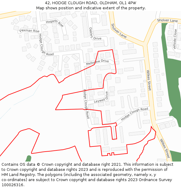 42, HODGE CLOUGH ROAD, OLDHAM, OL1 4PW: Location map and indicative extent of plot