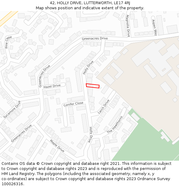 42, HOLLY DRIVE, LUTTERWORTH, LE17 4RJ: Location map and indicative extent of plot