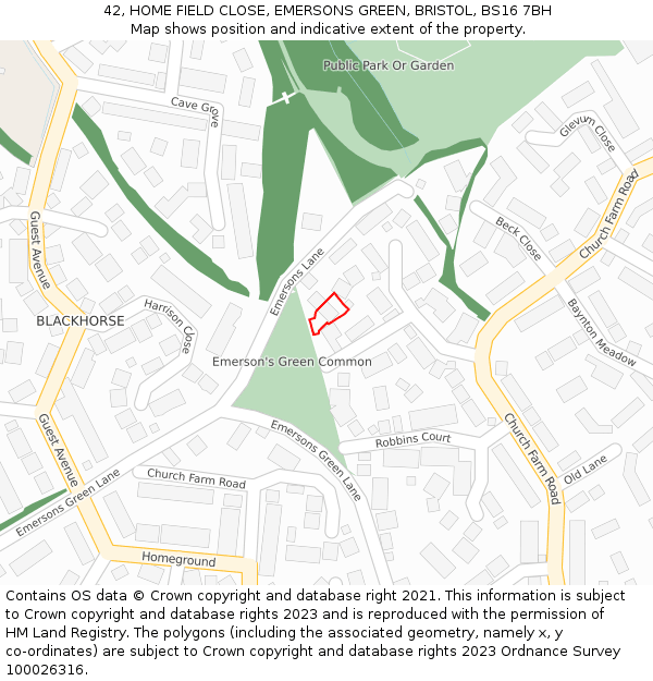 42, HOME FIELD CLOSE, EMERSONS GREEN, BRISTOL, BS16 7BH: Location map and indicative extent of plot