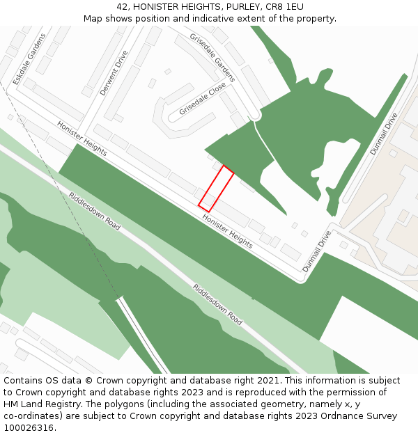 42, HONISTER HEIGHTS, PURLEY, CR8 1EU: Location map and indicative extent of plot