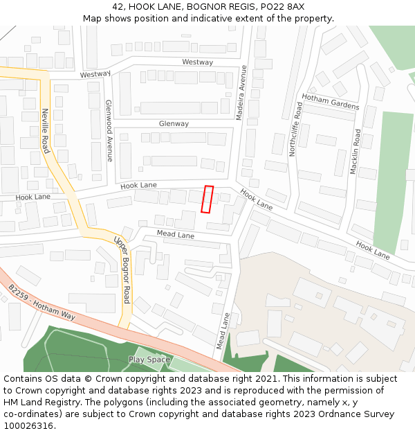 42, HOOK LANE, BOGNOR REGIS, PO22 8AX: Location map and indicative extent of plot