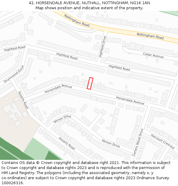 42, HORSENDALE AVENUE, NUTHALL, NOTTINGHAM, NG16 1AN: Location map and indicative extent of plot