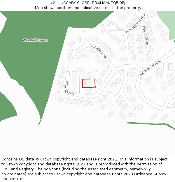42, HUCCABY CLOSE, BRIXHAM, TQ5 0RJ: Location map and indicative extent of plot