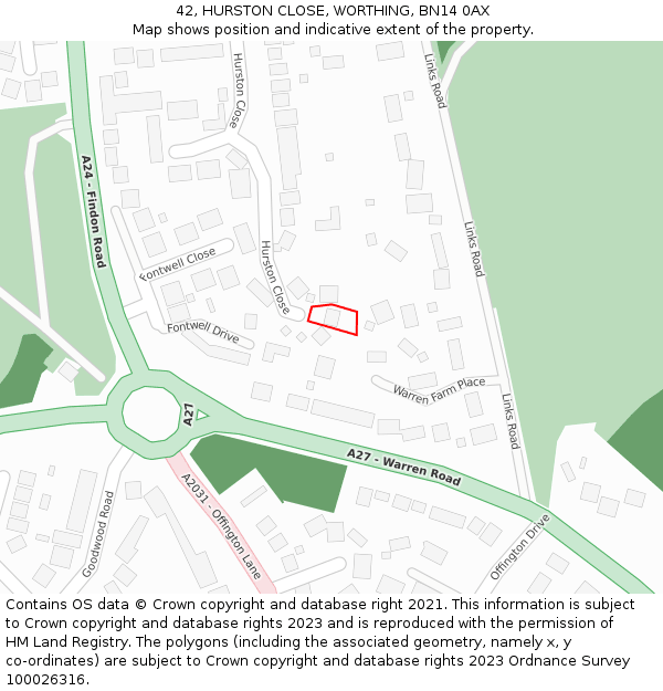 42, HURSTON CLOSE, WORTHING, BN14 0AX: Location map and indicative extent of plot