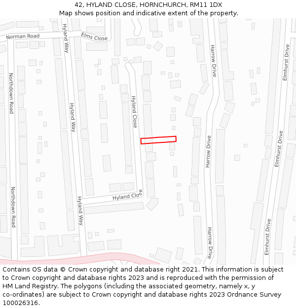 42, HYLAND CLOSE, HORNCHURCH, RM11 1DX: Location map and indicative extent of plot