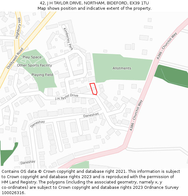 42, J H TAYLOR DRIVE, NORTHAM, BIDEFORD, EX39 1TU: Location map and indicative extent of plot