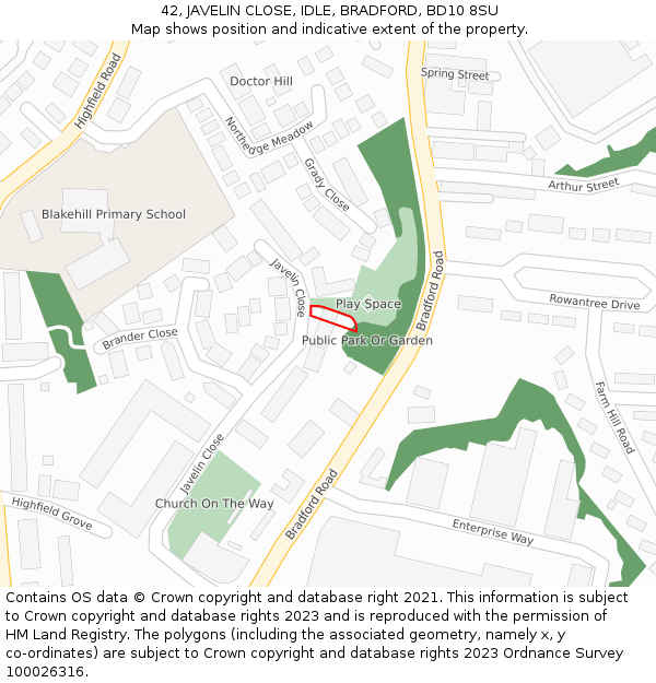 42, JAVELIN CLOSE, IDLE, BRADFORD, BD10 8SU: Location map and indicative extent of plot
