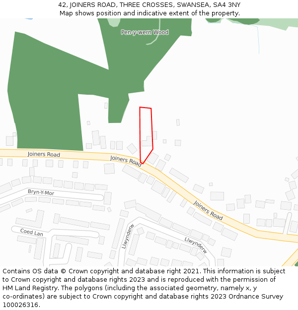 42, JOINERS ROAD, THREE CROSSES, SWANSEA, SA4 3NY: Location map and indicative extent of plot