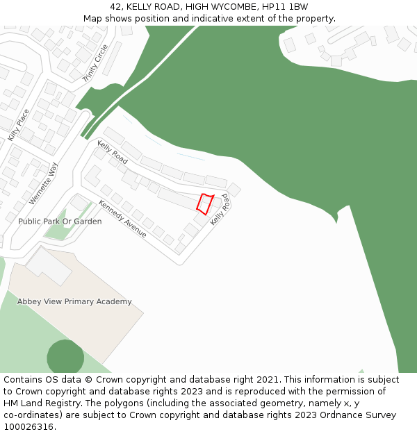 42, KELLY ROAD, HIGH WYCOMBE, HP11 1BW: Location map and indicative extent of plot