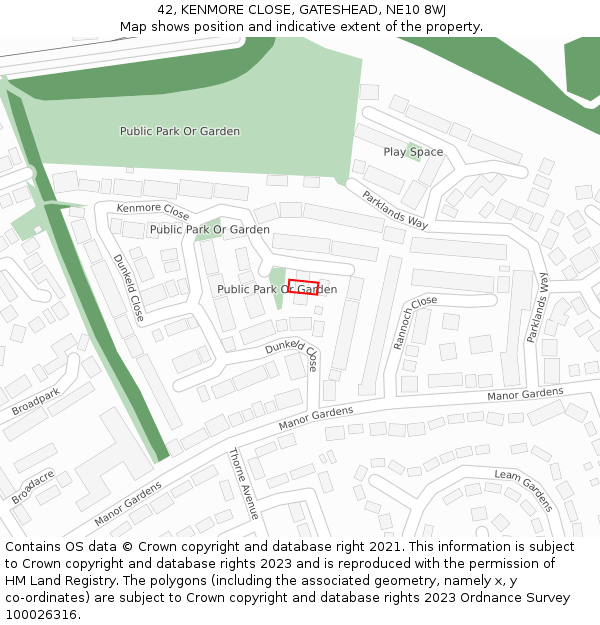 42, KENMORE CLOSE, GATESHEAD, NE10 8WJ: Location map and indicative extent of plot