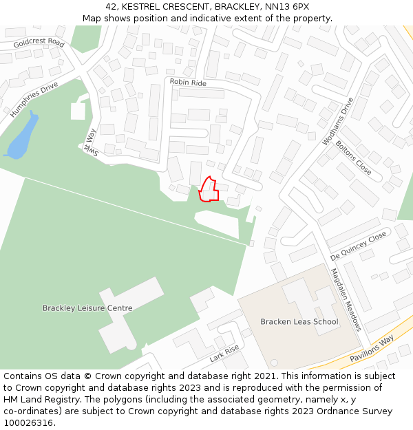 42, KESTREL CRESCENT, BRACKLEY, NN13 6PX: Location map and indicative extent of plot