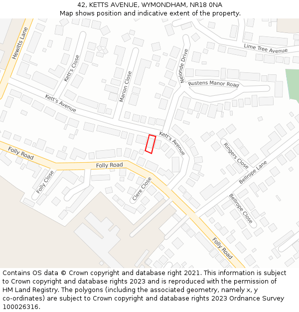 42, KETTS AVENUE, WYMONDHAM, NR18 0NA: Location map and indicative extent of plot