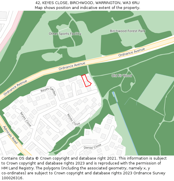 42, KEYES CLOSE, BIRCHWOOD, WARRINGTON, WA3 6RU: Location map and indicative extent of plot