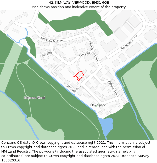 42, KILN WAY, VERWOOD, BH31 6GE: Location map and indicative extent of plot