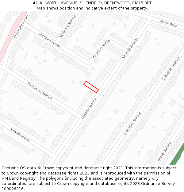 42, KILWORTH AVENUE, SHENFIELD, BRENTWOOD, CM15 8PT: Location map and indicative extent of plot