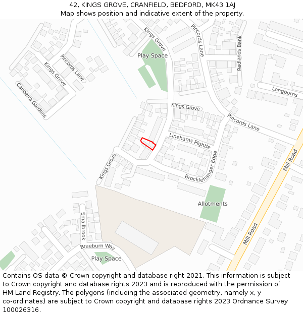 42, KINGS GROVE, CRANFIELD, BEDFORD, MK43 1AJ: Location map and indicative extent of plot