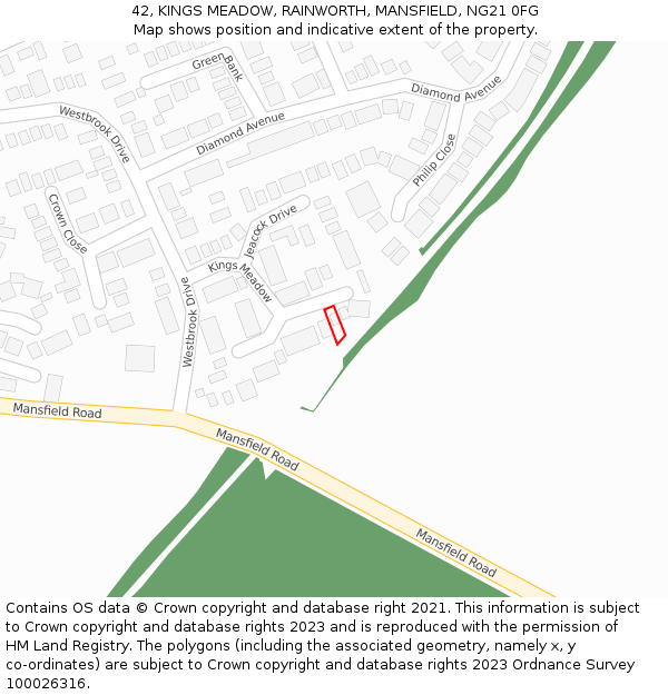 42, KINGS MEADOW, RAINWORTH, MANSFIELD, NG21 0FG: Location map and indicative extent of plot