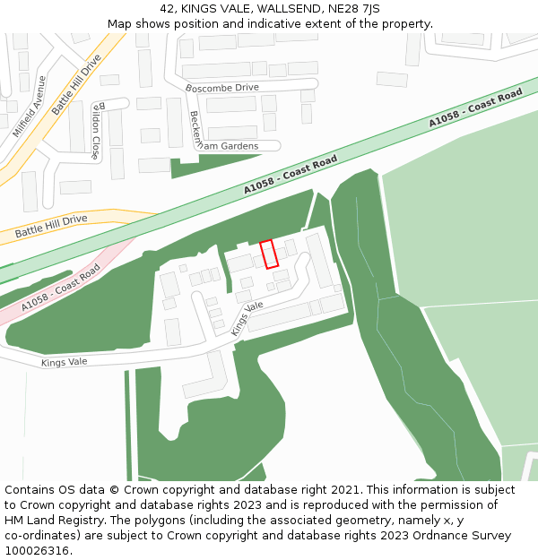 42, KINGS VALE, WALLSEND, NE28 7JS: Location map and indicative extent of plot