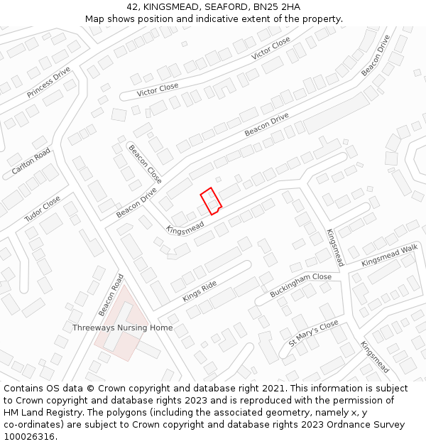 42, KINGSMEAD, SEAFORD, BN25 2HA: Location map and indicative extent of plot