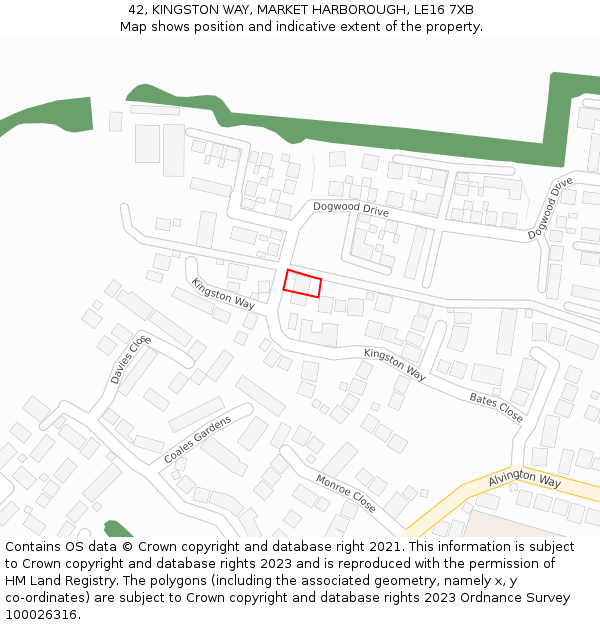 42, KINGSTON WAY, MARKET HARBOROUGH, LE16 7XB: Location map and indicative extent of plot