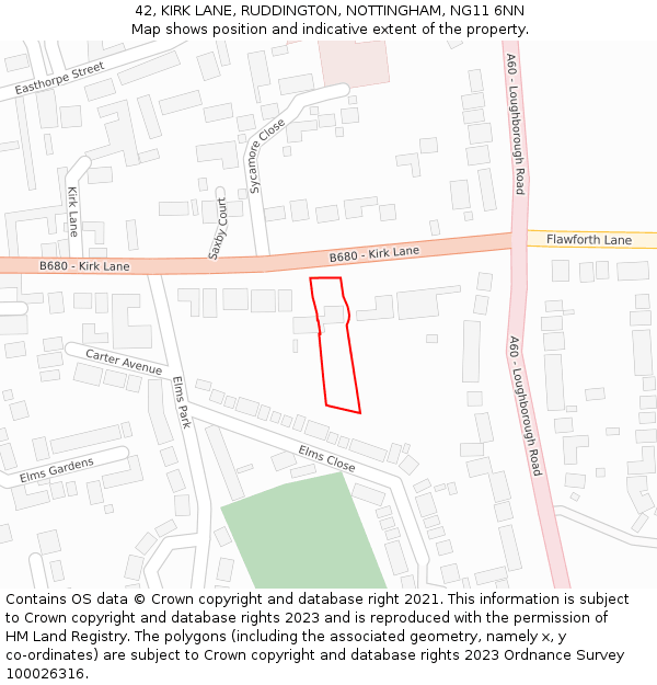 42, KIRK LANE, RUDDINGTON, NOTTINGHAM, NG11 6NN: Location map and indicative extent of plot