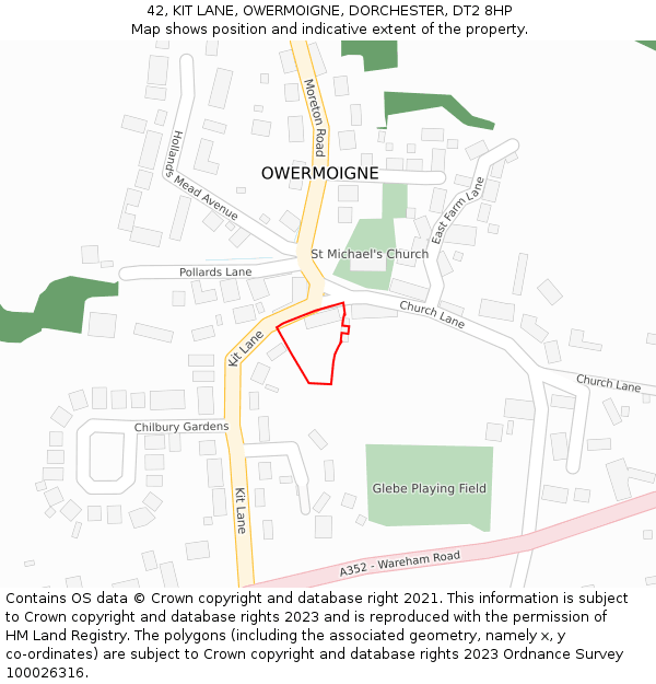 42, KIT LANE, OWERMOIGNE, DORCHESTER, DT2 8HP: Location map and indicative extent of plot