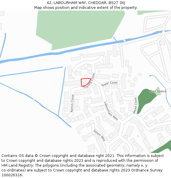 42, LABOURHAM WAY, CHEDDAR, BS27 3XJ: Location map and indicative extent of plot